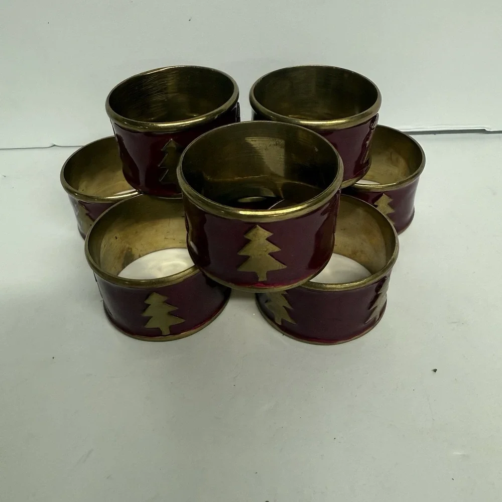 Set of 8 Brass Christmas Napkin Rings Burgundy Christmas Tree - Picture 2 of 8